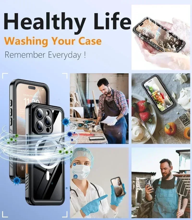 Full-body IP68 waterproof diving case for iPhone. Magnetic fit, shockproof protection for extreme water sports.