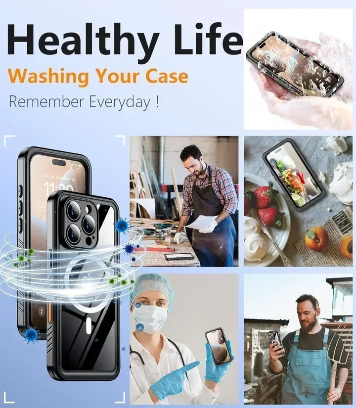 Full-body IP68 waterproof diving case for iPhone. Magnetic fit, shockproof protection for extreme water sports.