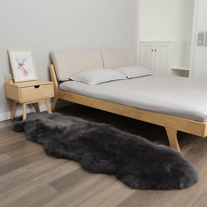 Irregular plush area rug in a modern living room setting, soft cozy floor covering
