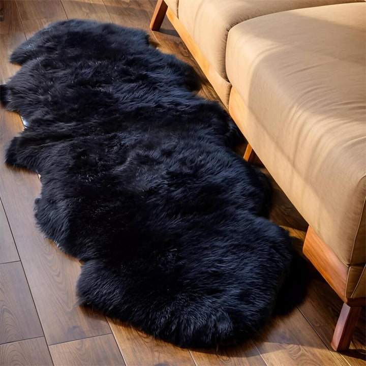 Detailed view of an irregular plush rug's unique shape and soft pile, living room accent