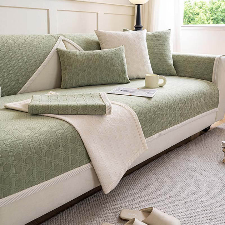 Jacquard chenille sofa cover, water repellent & pet friendly, protects furniture from spills and wear.