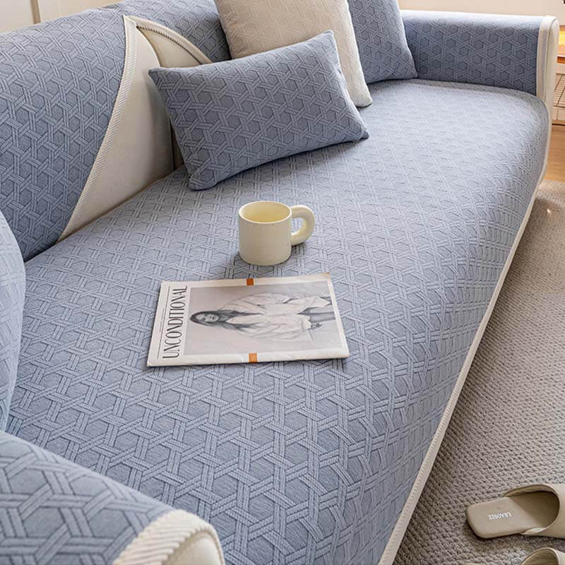 Premium jacquard chenille couch protector, water repellent, ideal for homes with kids and pets.