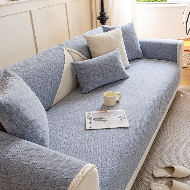 Decorative jacquard chenille sofa cover, water repellent, machine washable for convenience.