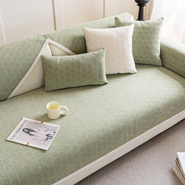 Luxurious jacquard chenille sectional cover, water repellent, pet friendly, easy-care.