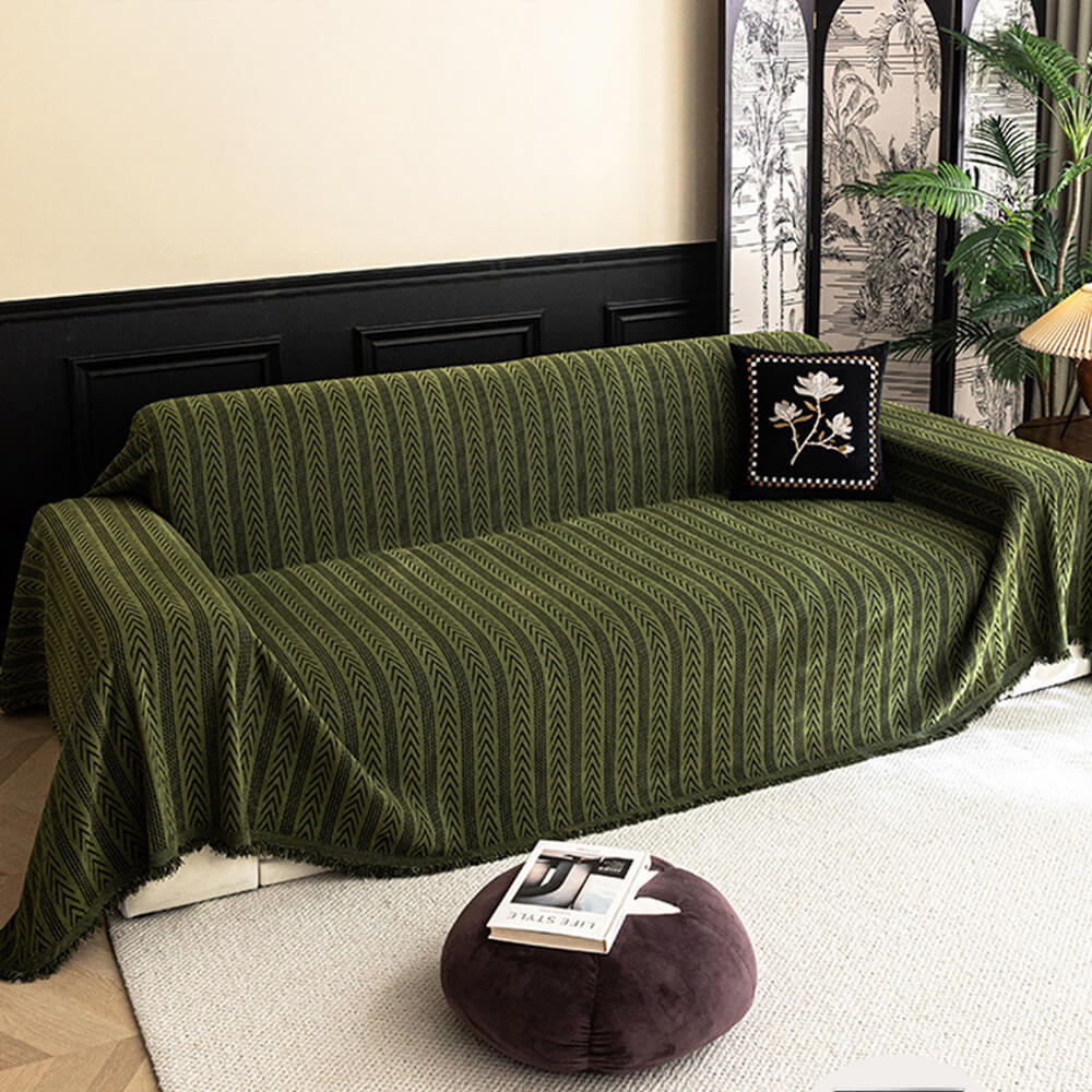 Beautiful jacquard tassel chenille couch cover transforming a sofa, durable and decorative accent
