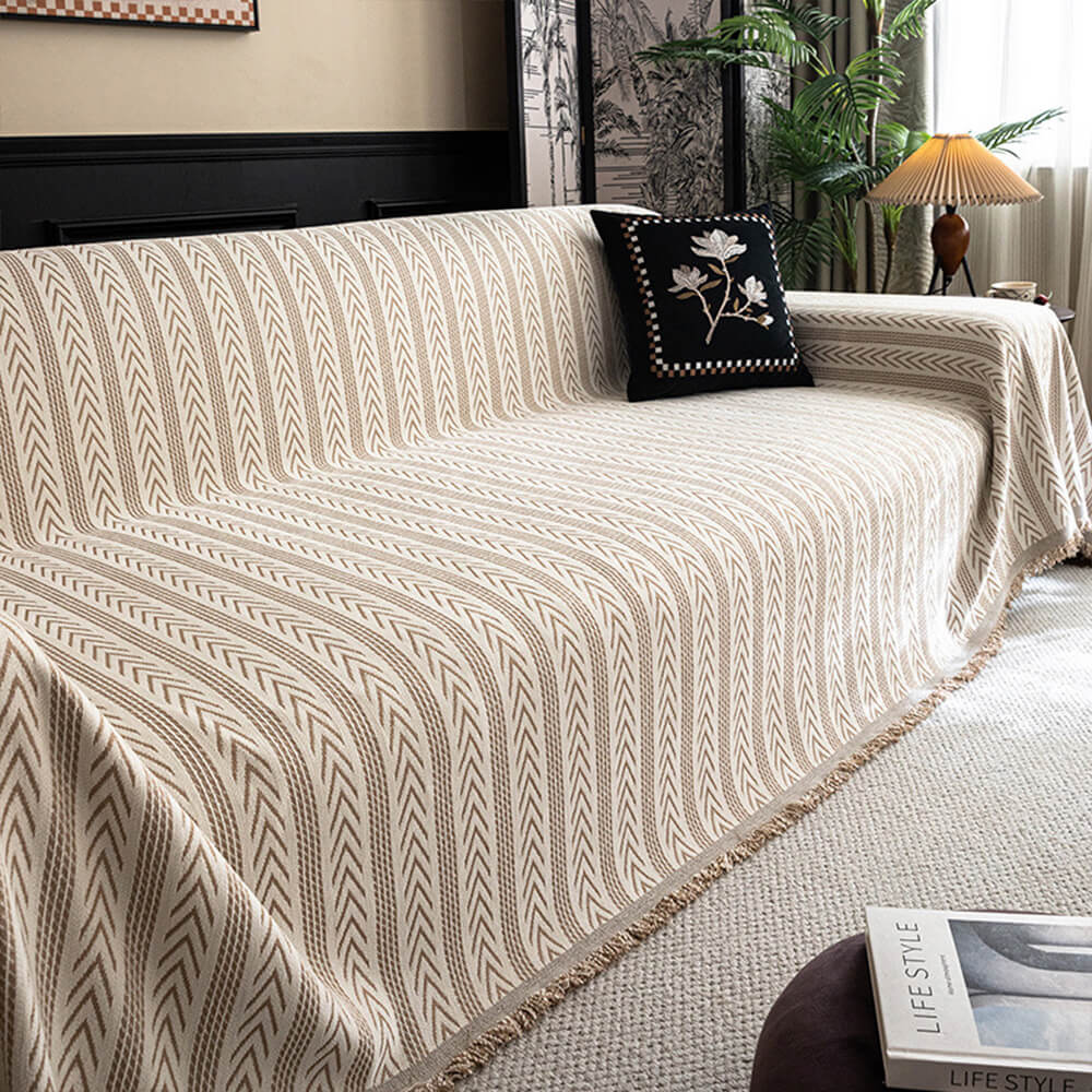Non-slip chenille sofa protector with jacquard design and tassel edge, home decor accent