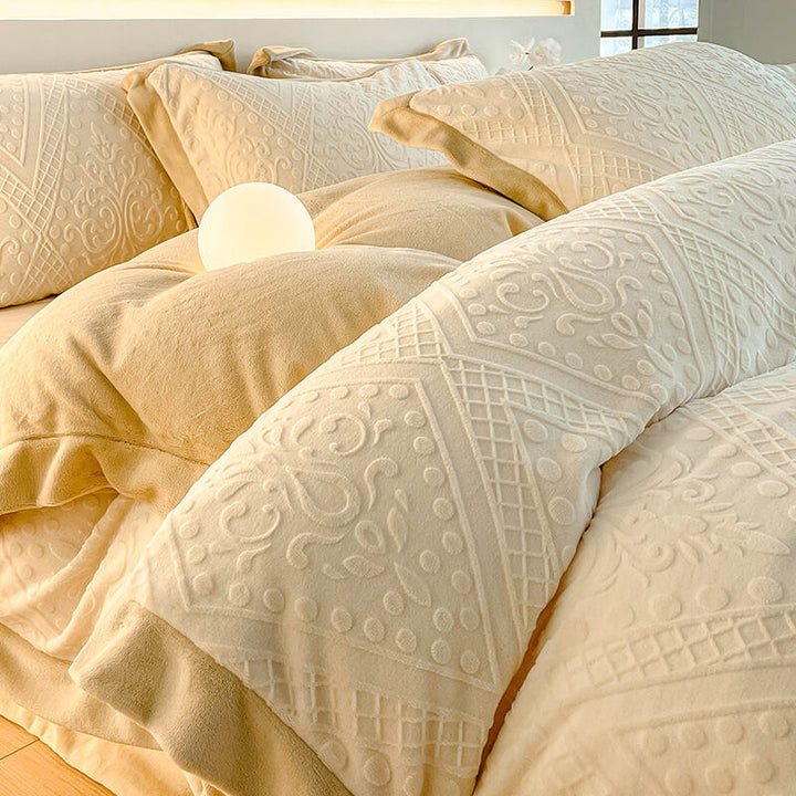 Jacquard velvet sheet set in a contemporary bedroom setting, emphasizing home decor.