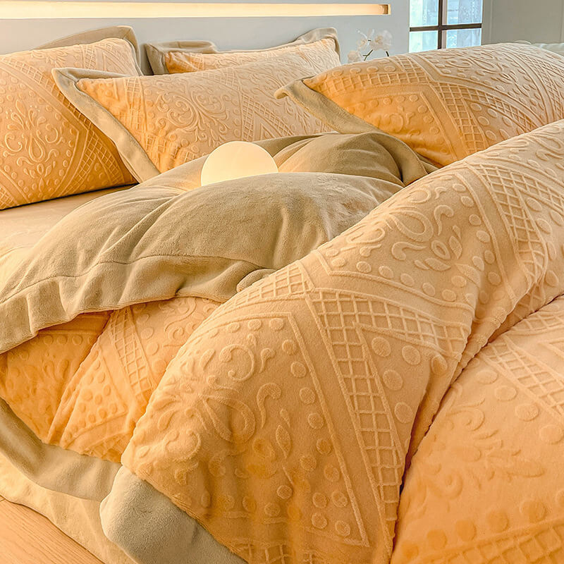 Luxurious jacquard velvet sheets in a rich color, perfect for adding warmth to any bedroom.