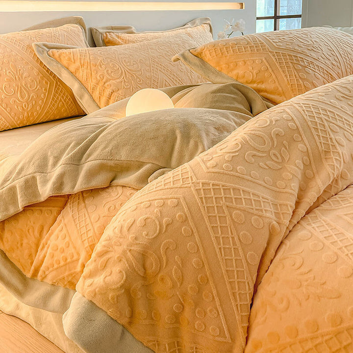 Luxurious jacquard velvet sheets in a rich color, perfect for adding warmth to any bedroom.