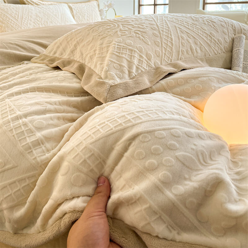 Folded jacquard velvet sheet set, neatly presented as new luxury bedding.