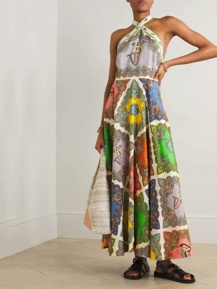 Women's multi-color floral long maxi dress, sleeveless elegant style, a perfect summer tailored dress for casual wear.