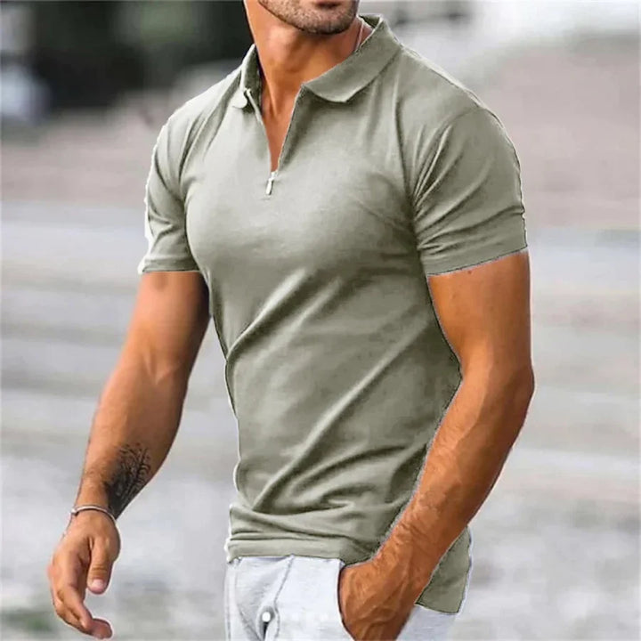 Stylish men's knit quarter-zip polo shirt, collared for versatile smart casual & everyday wear.