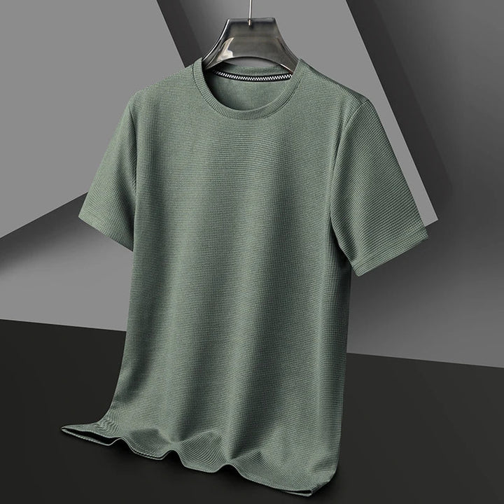 Detail shot of the waffle texture on a men's comfortable everyday t-shirt.