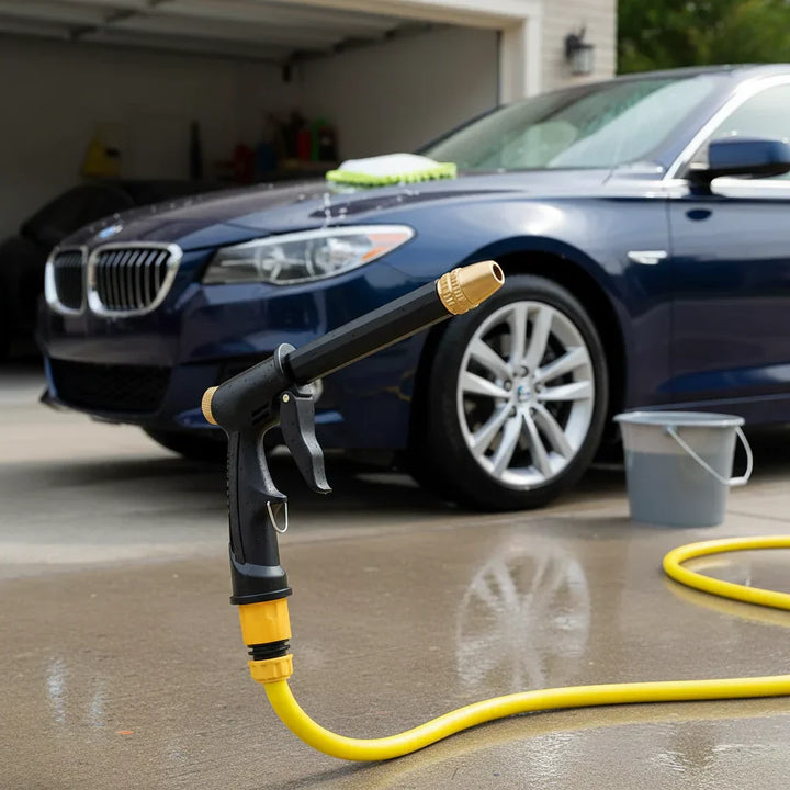JetSpray high-pressure water gun for powerful car washing & garden cleaning. Heavy-duty adjustable hose nozzle.