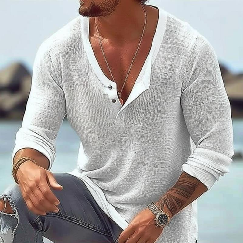 Comfortable men's long sleeve Henley U-neck shirt. Relaxed fit basic tee, perfect for spring or fall fashion.