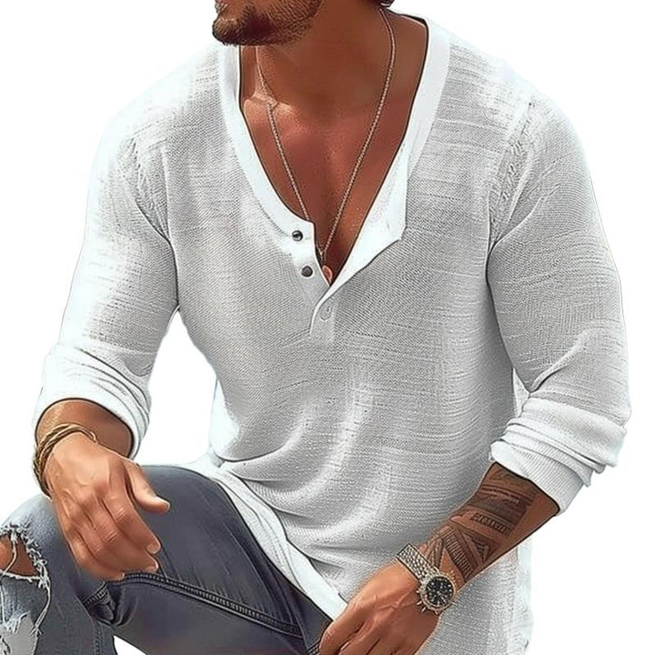 Men's casual long sleeve U-neck Henley tee for versatile everyday wear, comfortable and relaxed fit.