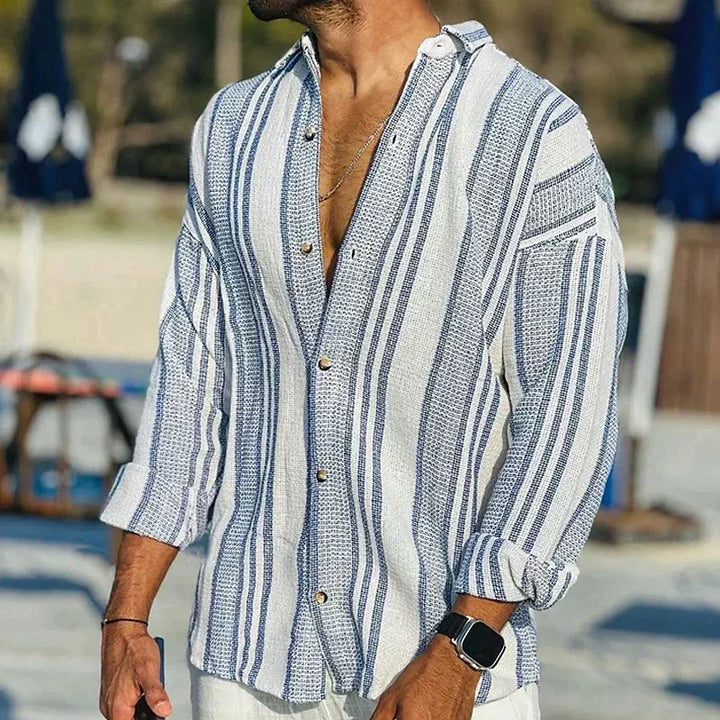 Men's casual long sleeve striped button-down shirt with a relaxed fit for effortless summer style & everyday wear.