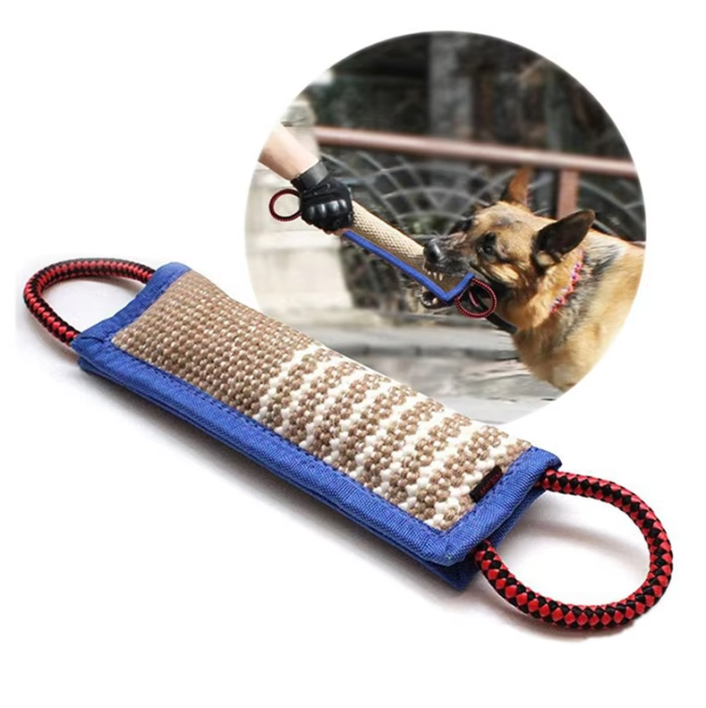 Durable jute bite sausage tug toy for adult dogs, ideal for obedience training