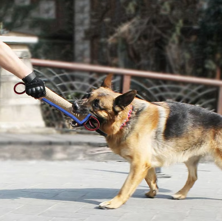 Puppy bite work tug toy with double handles, made from strong jute material