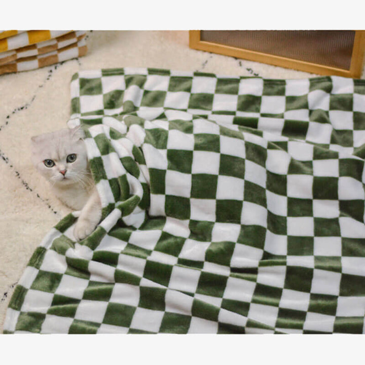 Folded khaki chequered flannel pet blanket, a versatile and durable accessory for pets