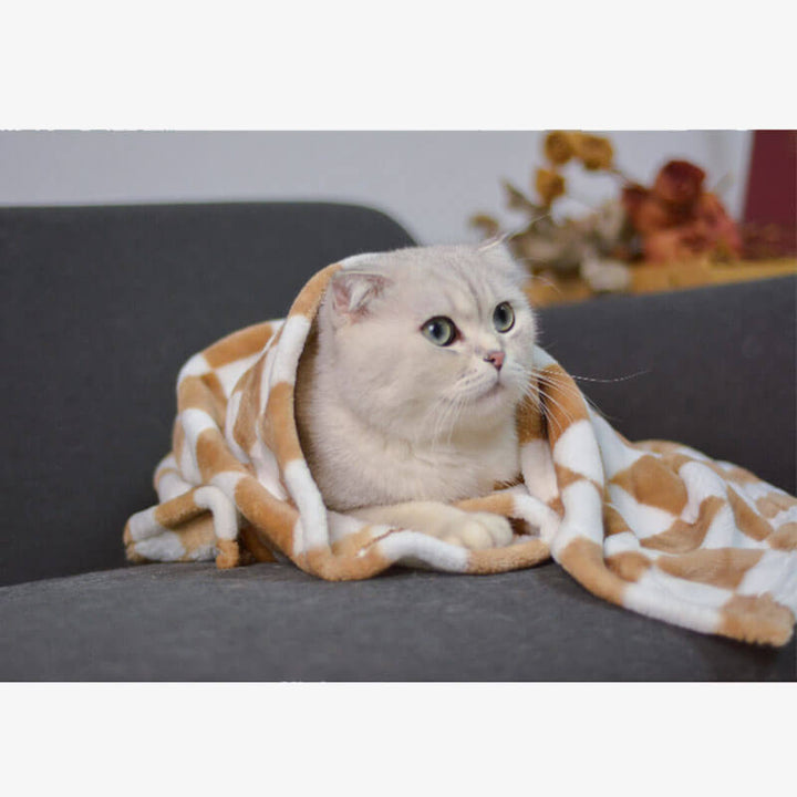 Cat napping on a green and khaki chequered pet blanket, illustrating its comfort and coziness