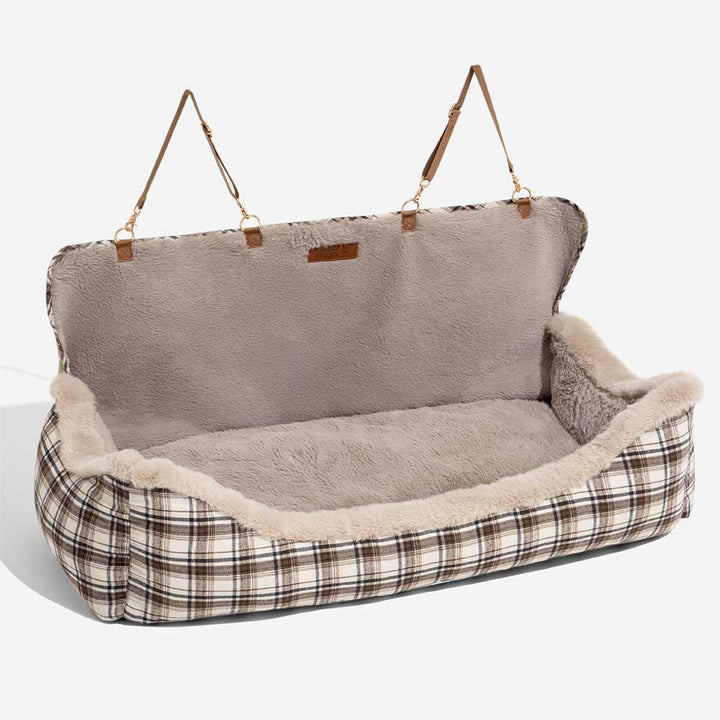 Khaki dog car seat for secure travel, features a comfortable booster for pets.