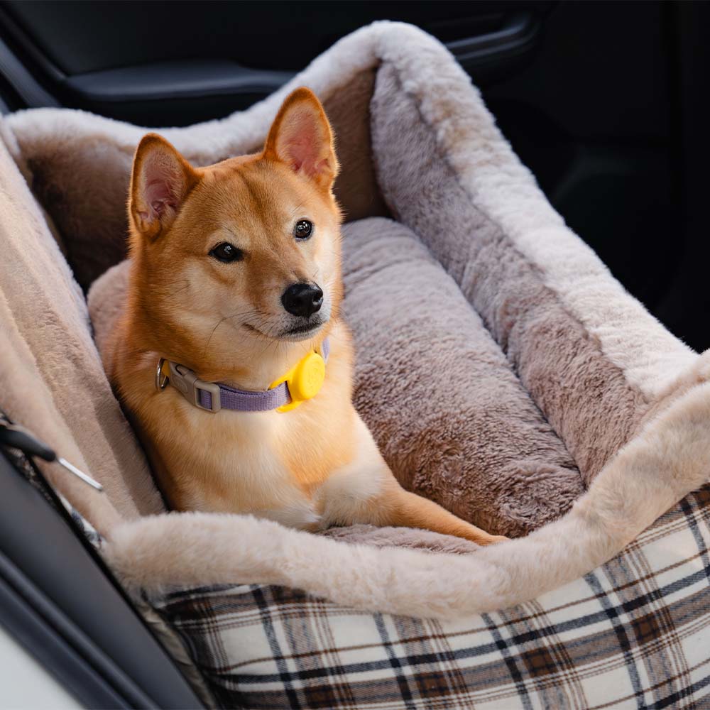 Comfortable pet booster in brown, designed for dog safety and secure travel in cars.