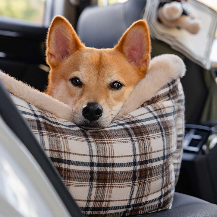 Secure khaki dog booster seat for car, offering a comfortable and elevated ride for pets.