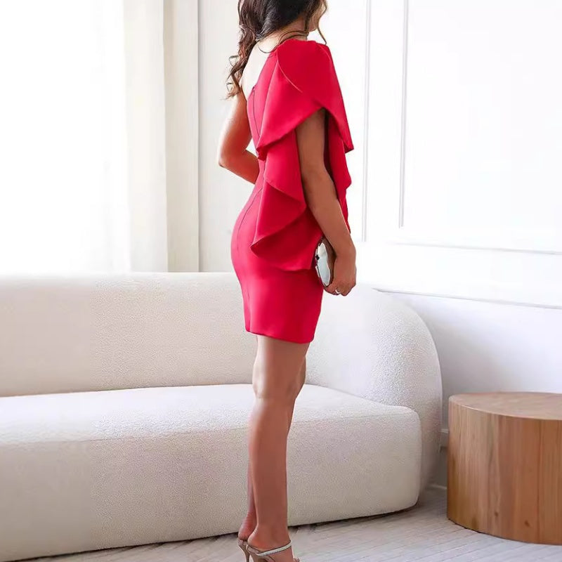Red sophisticated fitted bodycon mini dress for women's evening events or formal parties.