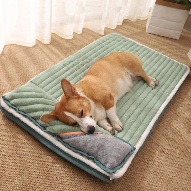 Khaki ergonomic dog bed providing joint support for pet comfort and relaxation, washable.