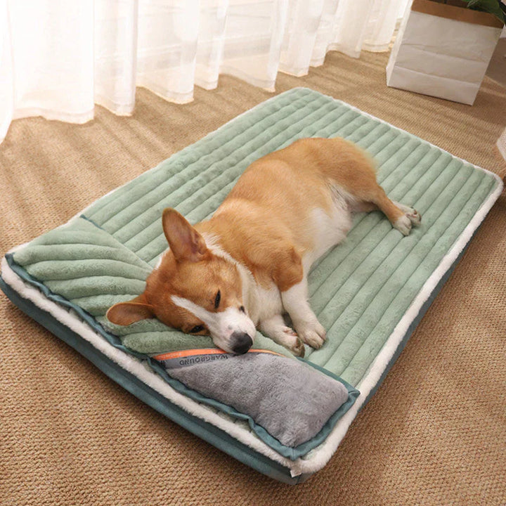 Khaki ergonomic dog bed providing joint support for pet comfort and relaxation, washable.