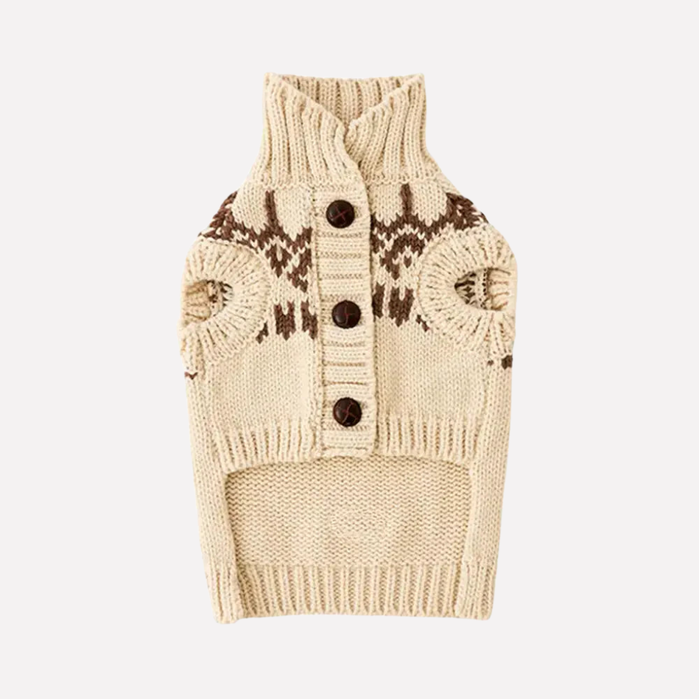 Sleeveless khaki dog sweater with Fair Isle pattern, perfect for long-bodied dogs, cozy pet clothing