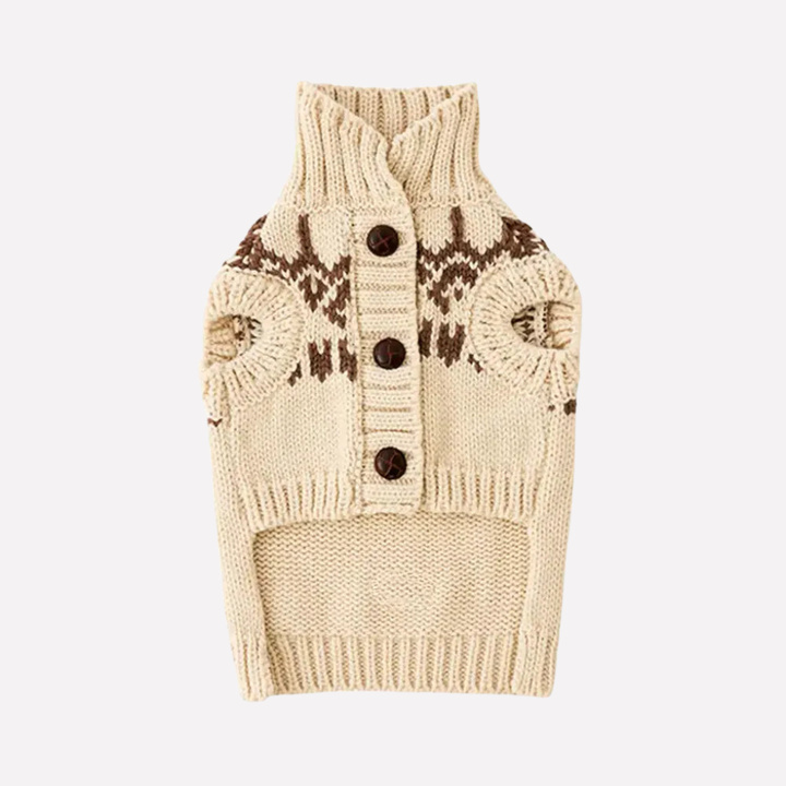 Sleeveless khaki dog sweater with Fair Isle pattern, perfect for long-bodied dogs, cozy pet clothing