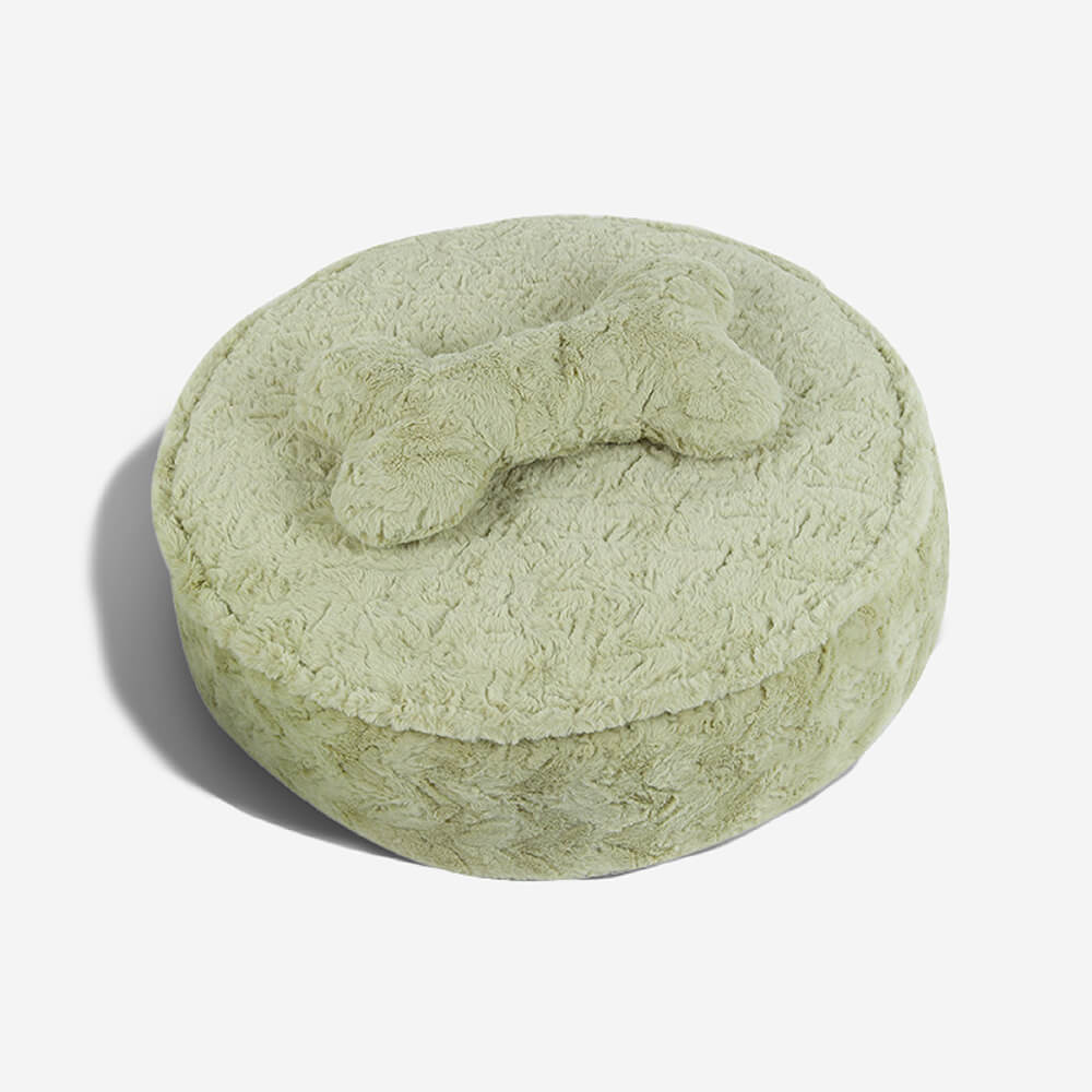 Comfortable khaki dog bed, fluffy, warms pets, includes bone pillow for head support, washable.