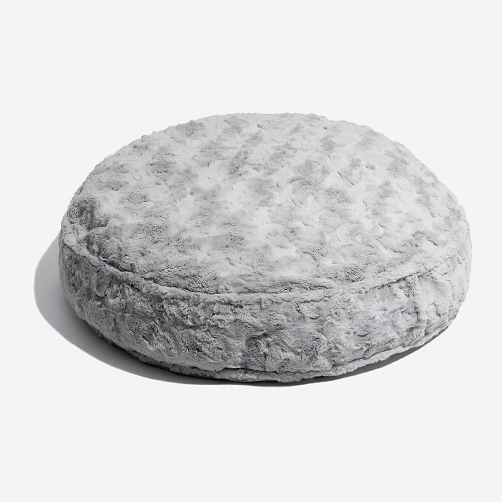 Soft grey pet bone cloud bed, warming, fluffy, includes a removable bone pillow, machine washable.