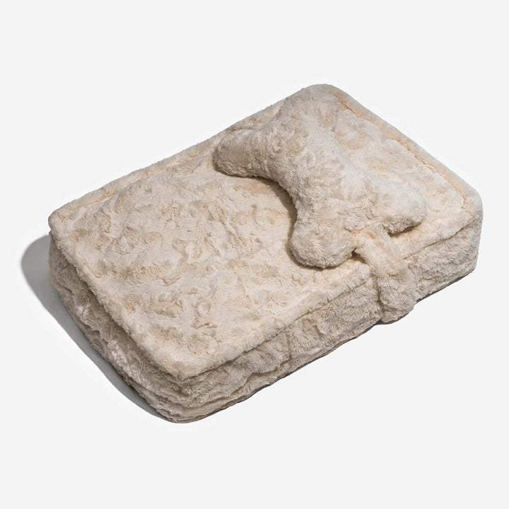 Khaki bone cloud pet bed, plush texture for calming and warmth, complete with decorative bone pillow.