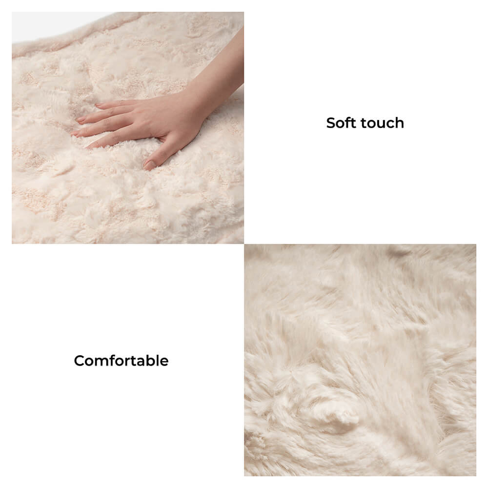 Round khaki pet bed, warming fluffy material, comes with a bone pillow for extra support, washable.