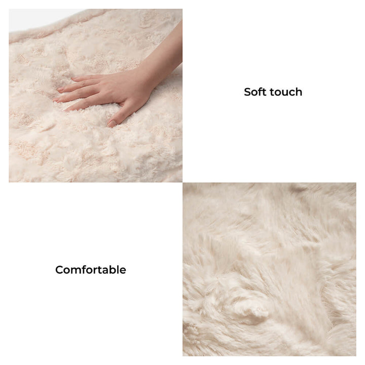 Round khaki pet bed, warming fluffy material, comes with a bone pillow for extra support, washable.