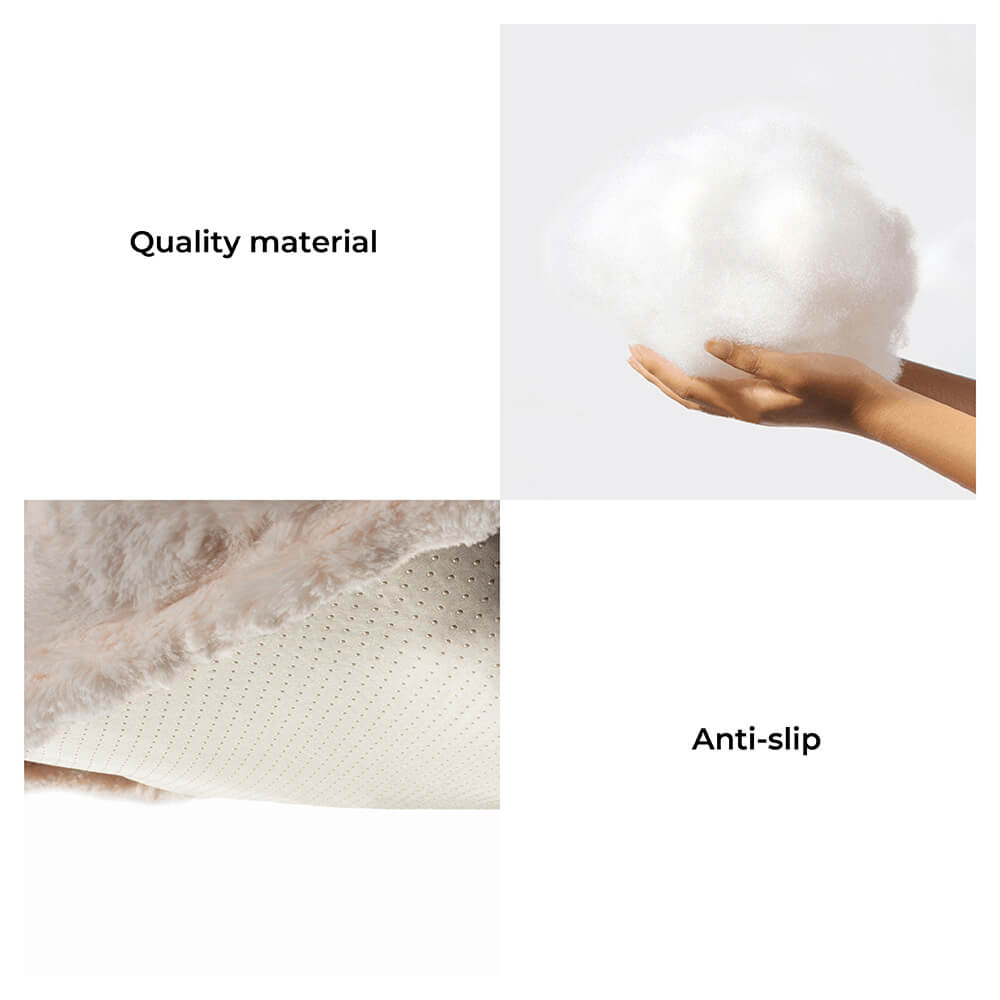 Grey calming pet bed with bone pillow, fluffy cloud-like fabric, great for cozy warmth and sleep.