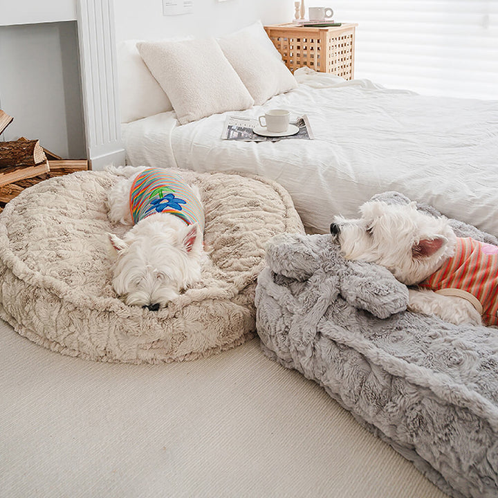 Khaki fluffy dog bed, bone pillow, cloud design, machine washable, perfect for pet relaxation.