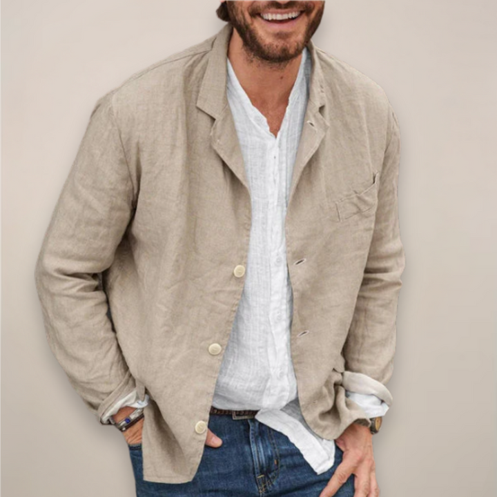 Khaki men's relaxed fit blazer jacket. Smart casual lightweight outerwear perfect for everyday stylish looks.