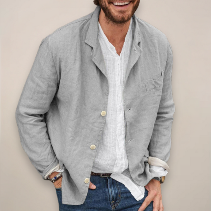 Gray men's relaxed fit blazer. Lightweight smart business casual jacket, ideal for versatile everyday wear.