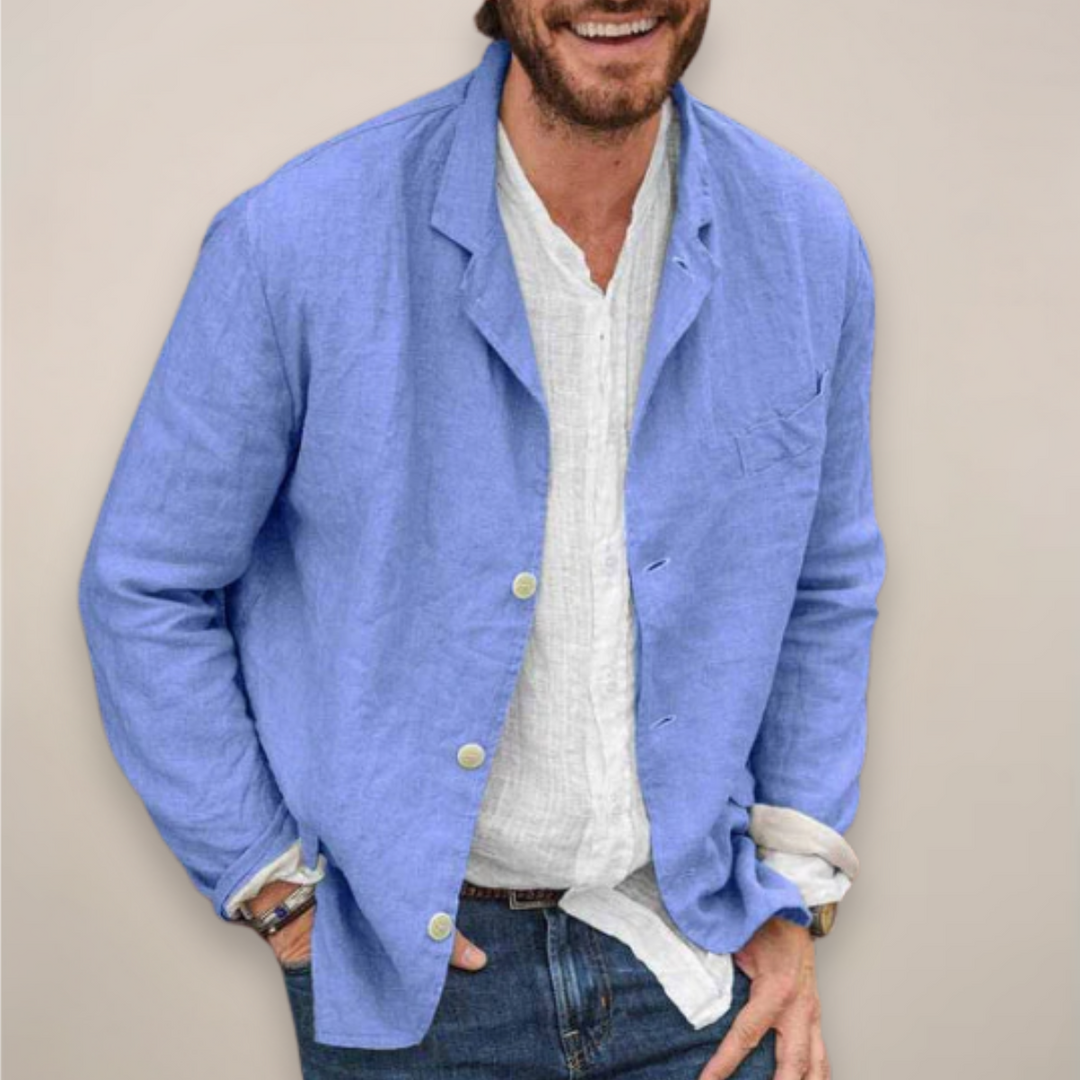 Stylish blue men's relaxed fit blazer jacket. Perfect for smart casual or business casual everyday outerwear.
