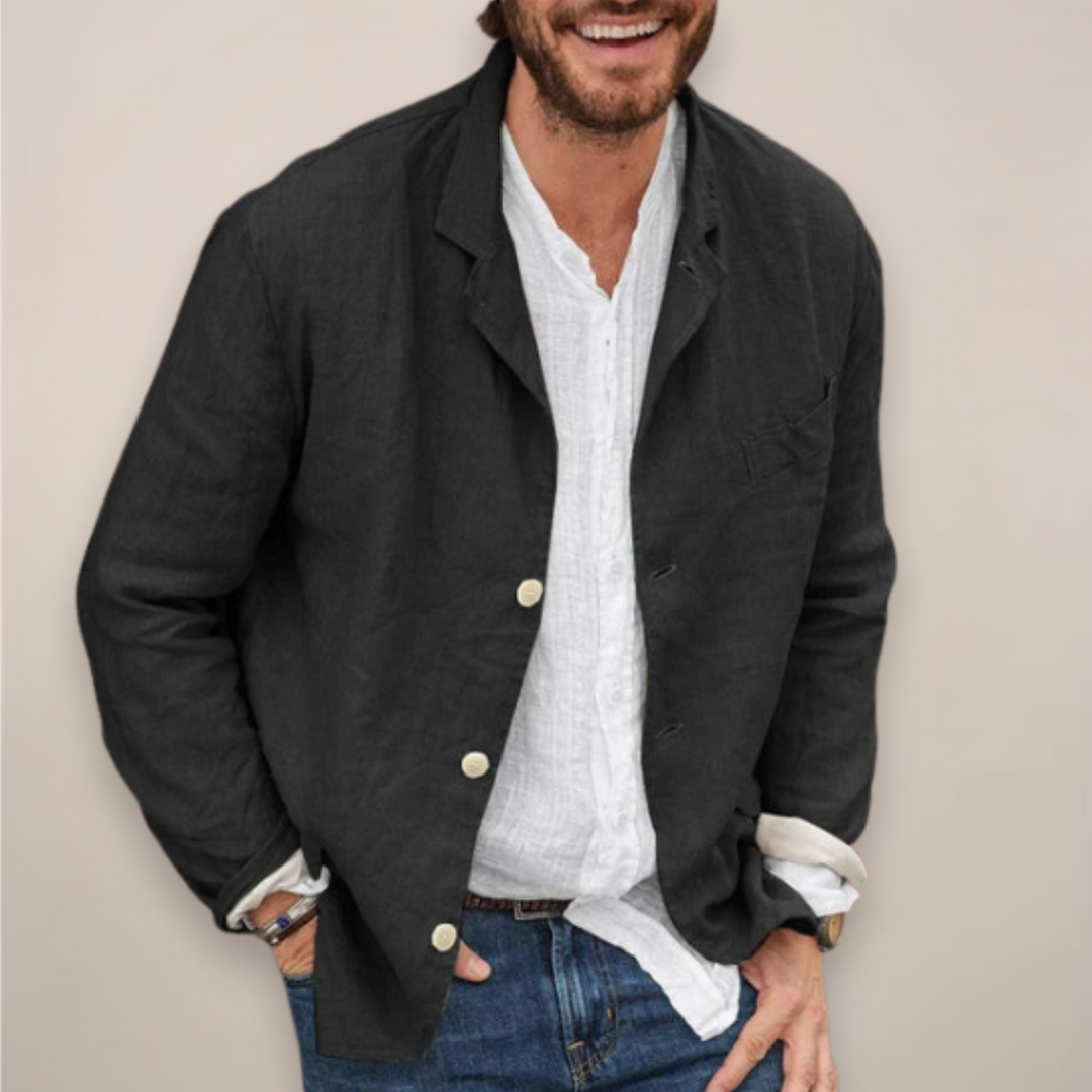 Black men's relaxed fit blazer. Versatile casual jacket for smart everyday wear or business casual outfits.