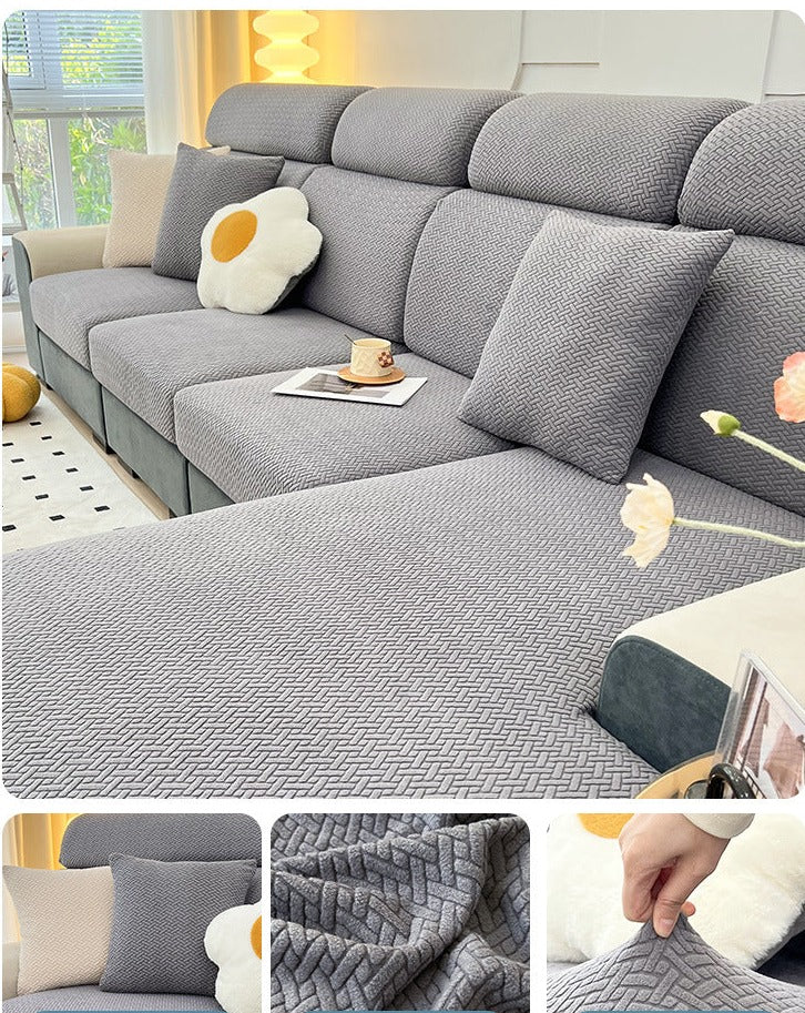 Close-up of modern color sofa protector texture, emphasizing washable fabric