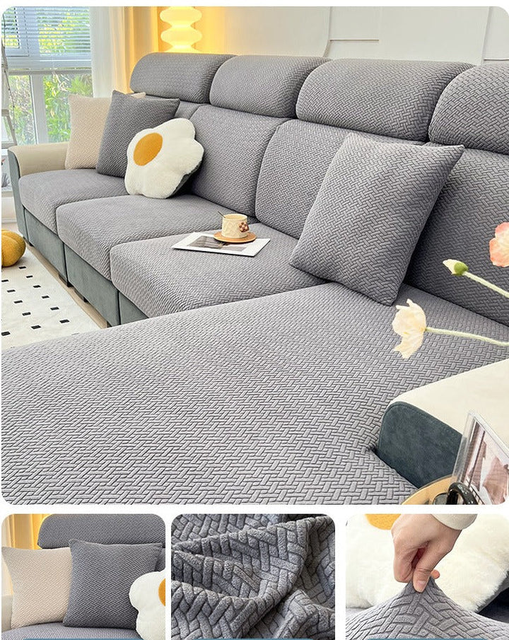 Close-up of modern color sofa protector texture, emphasizing washable fabric