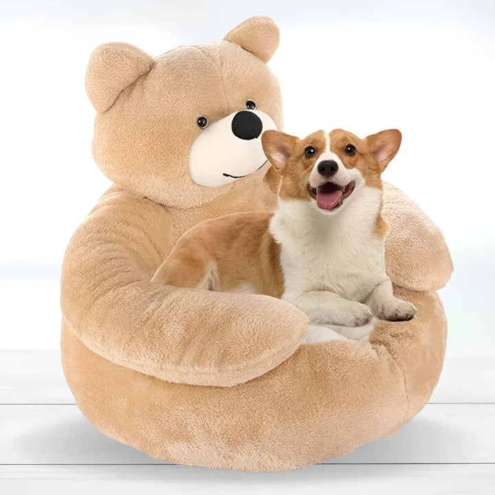 Khaki teddy bear pet bed, plush & cozy for cats or small dogs, washable cover
