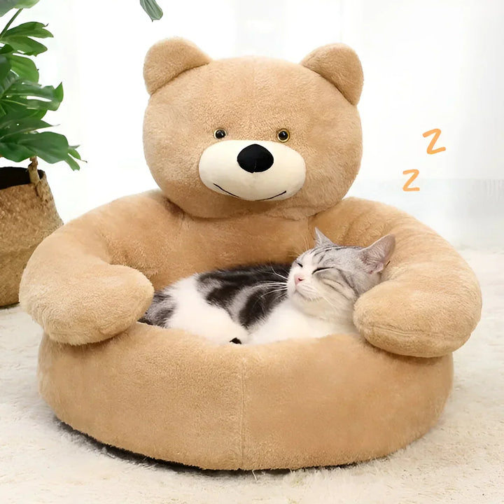 Close-up of plush khaki teddy bear pet bed texture, warm and inviting for sleepy pets