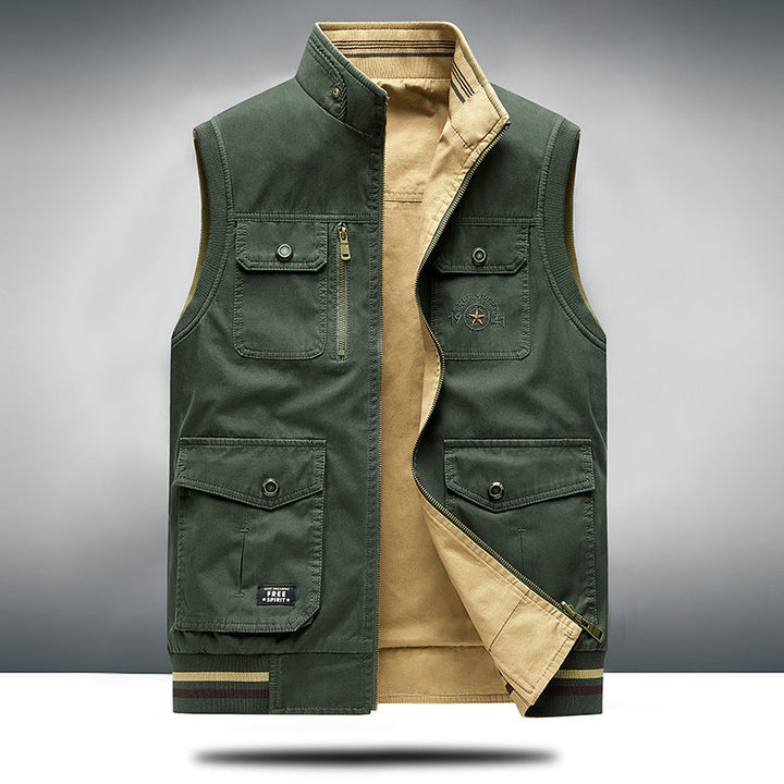 Khaki unisex utility vest with multi-pocket design, structured for modern layering and outerwear.