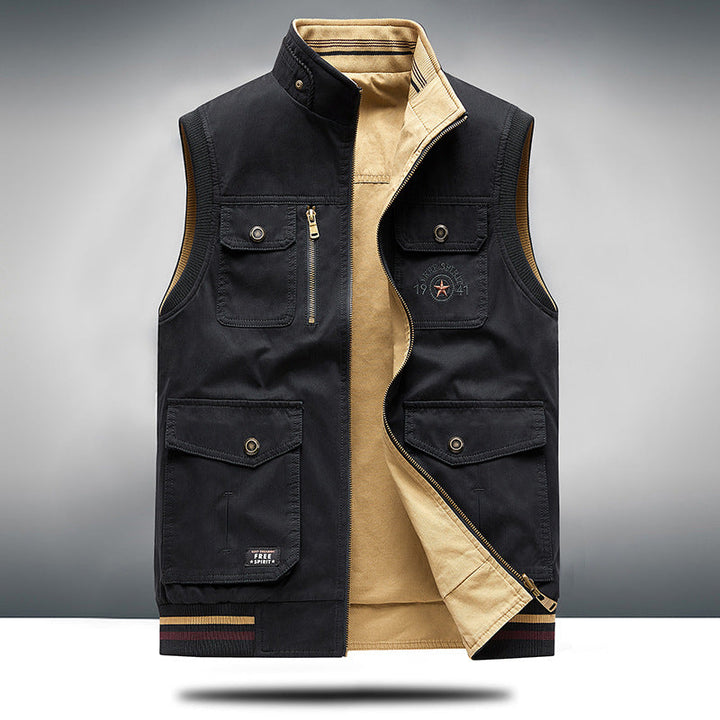 Cream structured unisex utility vest with ample pockets, ideal for modern layering and outerwear style.